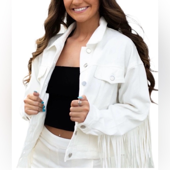Le Lis Jackets & Blazers - Le Lis White Denim Fringed Jacket